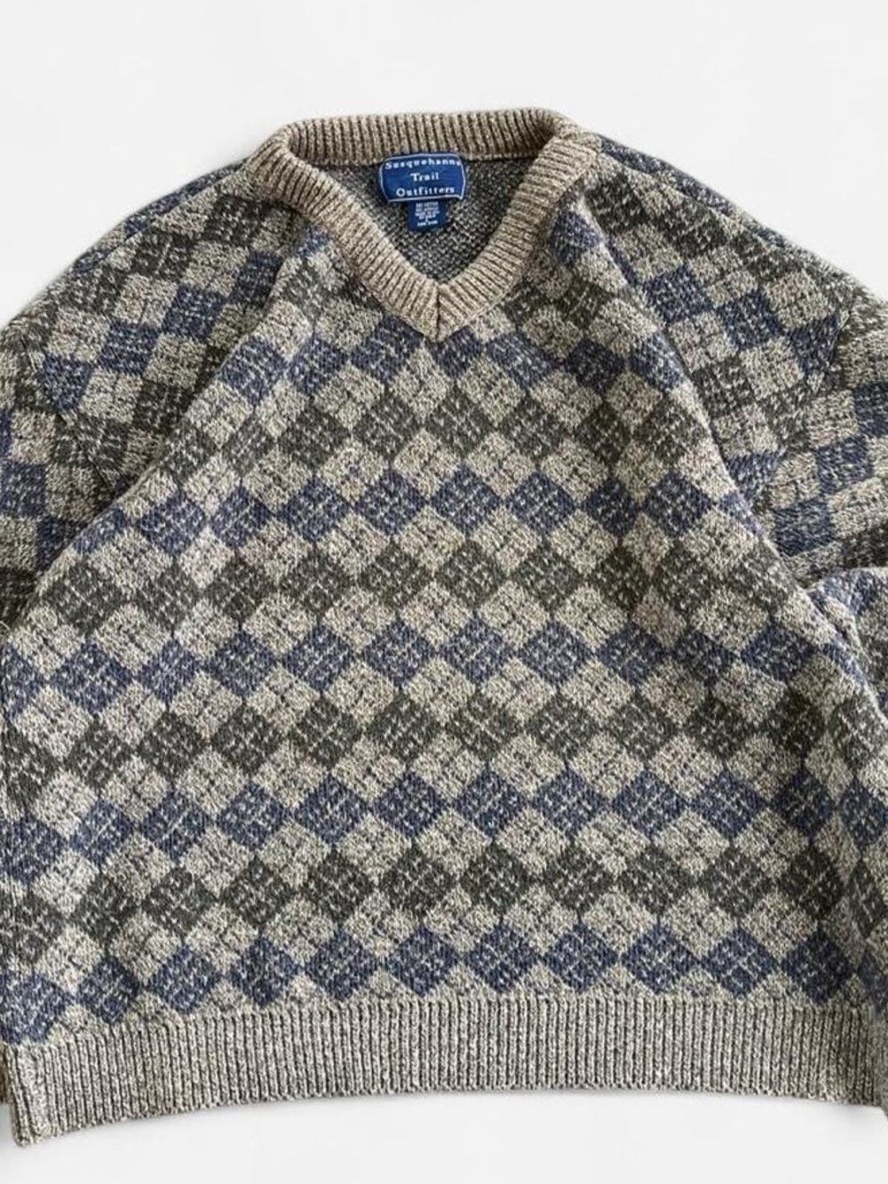 Vintage Argyle V-Neck Sweater Neutral Cotton Blend Cozy Classic Knit Tan L Men’s